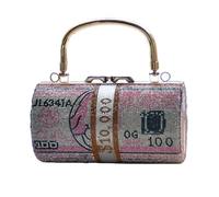 Pochette Cylindre Imprimé Billets de Banque à Strass, Sac de Soirée Étincelant avec Poignée Supérieure et Chaîne Amovible, Sac à Main pour Soirée Mondaine Rose