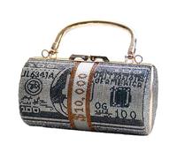 Pochette Cylindre Imprimé Billets de Banque à Strass, Sac de Soirée Étincelant avec Poignée Supérieure et Chaîne Amovible, Sac à Main pour Soirée Mondaine Noir