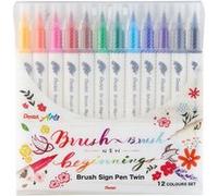 Pentel Arts Brush Sign Pen Twin SESW30C Pochette de 12 feutres pinceau bi-pointe, Pointe large et fine, Acquarellable, Couleurs assorties