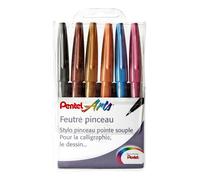 Pentel Pochette 6 feutres pinceaux Brush Sign, pointe souple, esquisse/calligraphie, multicolore