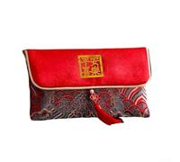 Pochette de luxe en satin avec motif estampé doré (B) | Construction en tissu robuste, texture estampée dorée, détails de pompons rouges, design réutilisable, décoration festive