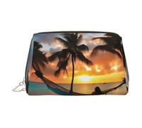 Pochette de maquillage en cuir avec imprimé hamac de plage en noix de coco et coucher de soleil - Trousse de maquillage élégante avec fermeture éclair sur le dessus, doré, Taille unique