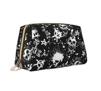 Pochette de maquillage portable en cuir avec fermeture éclair et motif tête de mort Blanc