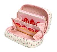 Pochette de Rangement à Compartiments pour cosmétiques | Construction en tissu avec imprimé fraise, 3 sections de rangement, organisation compacte pliable à fermeture