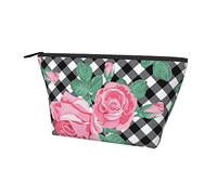 Pochette de Transport à Fermeture éclair Rose Rose Floral et Plaid Cosmétique Trousse de Maquillage, Durable Oxford Pencil Coin Trousse de Toilette Sac de Rangement pour Femmes Filles
