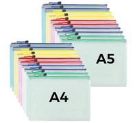 Pochette Document Zippée A4,A5, 20PCS PVC Transparentes Document Dossier,Pochette Plastique 5 Couleurs,Ranger Papiers petits Objets des Fournitures,Cosmétiques et Accessoires de Voyage etc