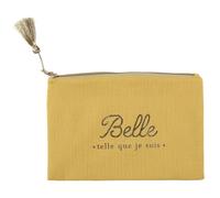 Pochette en coton 20x15 cm WOMEN avec message"Belle telle que je suis" jaune Moutarde