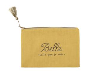 Pochette en coton 20x15 cm WOMEN avec message"Belle telle que je suis" jaune Moutarde