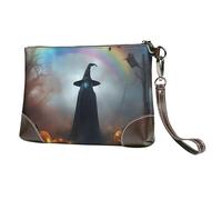 Pochette en cuir véritable avec dragonne, sac à main, poche pour téléphone portable, motif sorcière, arc-en-ciel, Halloween, pour femme