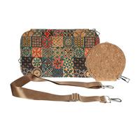 Pochette en Liège Bandoulière Double Grande Poche Zip Motif Céramique Multicolore