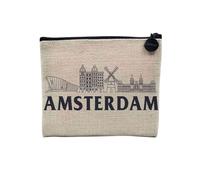 Pochette en Lin - Amsterdam Minimalist Voyage Pays-Bas Tourisme - Trousse Maquillage en Toile Aspect Lin - Porte Monnaie - 15 x10 cm