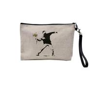 Pochette en Lin - Banksy Rage The Flower Thrower Fleurs Street Art Graffiti - Trousse Maquillage en Toile Aspect Lin - Trousse de Toilette - 23,5 x15 cm