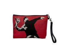 Pochette en Lin - Banksy Rage The Flower Thrower Street Art Graffiti Rouge - Trousse Maquillage en Toile Aspect Lin - Trousse de Toilette - 23,5 x15 cm