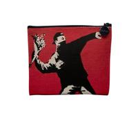 Pochette en Lin - Banksy Rage The Flower Thrower Street Art Graffiti Rouge - Trousse Maquillage en Toile Aspect Lin - Porte Monnaie - 15 x10 cm