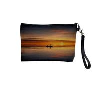 Pochette en Lin - Barque sur la Mer dans Le Soleil Couchant Silhouette Pecheur - Trousse Maquillage en Toile Aspect Lin - Trousse de Toilette - 23,5 x15 cm