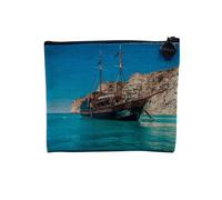 Pochette en Lin - Bateau Ancien au Mouillage Falaise Mer Azur - Trousse Maquillage en Toile Aspect Lin - Porte Monnaie - 15 x10 cm