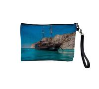 Pochette en Lin - Bateau Ancien au Mouillage Falaise Mer Azur - Trousse Maquillage en Toile Aspect Lin - Trousse de Toilette - 23,5 x15 cm