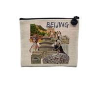Pochette en Lin - Beijing Vintage Collage Pékin Chine Voyage Carte Postale - Trousse Maquillage en Toile Aspect Lin - Porte Monnaie - 15 x10 cm