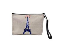 Pochette en Lin - Bonjour Paris Tour Eiffel France Voyage Ville Vacances - Trousse Maquillage en Toile Aspect Lin - Trousse de Toilette - 23,5 x15 cm
