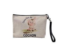 Pochette en Lin - Caractère de Cochon Humour Expression - Trousse Maquillage en Toile Aspect Lin - Trousse de Toilette - 23,5 x15 cm