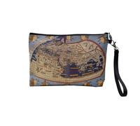 Pochette en Lin - Carte De Ptolemée Navigation Moyen Age Monde Terre - Trousse Maquillage en Toile Aspect Lin - Trousse de Toilette - 23,5 x15 cm