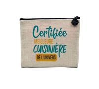 Pochette en Lin - Certifié Meilleure Cuisiniere de l'univers Restaurant Chef Cuisine Nourriture - Trousse Maquillage en Toile Aspect Lin - Porte Monnaie - 15 x10 cm