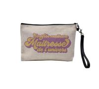 Pochette en Lin - Certifiée Meilleure Maitresse de l'univers Ecole Primaire Enseignante - Trousse Maquillage en Toile Aspect Lin - Trousse de Toilette - 23,5 x15 cm