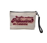 Pochette en Lin - Certifiée Meilleure Patissière de l'univers Boulangerie Gateau Dessert Cuisine - Trousse Maquillage en Toile Aspect Lin - Trousse de Toilette - 23,5 x15 cm