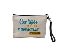 Pochette en Lin - Certifiée Meilleure Pharmacienne de l'univers Docteur Pharmacie Medicament - Trousse Maquillage en Toile Aspect Lin - Trousse de Toilette - 23,5 x15 cm