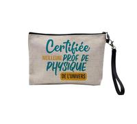 Pochette en Lin - Certifiée Meilleure Prof de Physique de l'univers Professeur Science College Lycee - Trousse Maquillage en Toile Aspect Lin - Trousse de Toilette - 23,5 x15 cm