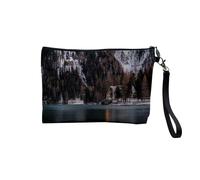 Pochette en Lin - Chalet en Bois Bord du Lac en Hiver - Trousse Maquillage en Toile Aspect Lin - Trousse de Toilette - 23,5 x15 cm