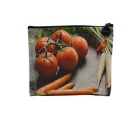 Pochette en Lin - Chapelet de Tomates et Deux Bottes de Carottes Orange et Blanche Légumes Frais Sain Vegan Miam - Trousse Maquillage en Toile Aspect Lin - Porte Monnaie - 15 x10 cm