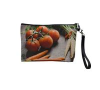 Pochette en Lin - Chapelet de Tomates et Deux Bottes de Carottes Orange et Blanche Légumes Frais Sain Vegan Miam - Trousse Maquillage en Toile Aspect Lin - Trousse de Toilette - 23,5 x15 cm