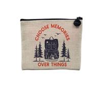 Pochette en Lin - Choose Memories Over Things Camping Backpacker - Trousse Maquillage en Toile Aspect Lin - Porte Monnaie - 15 x10 cm