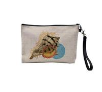 Pochette en Lin - Coquillage Minimaliste Collage Biologie Illustration Ancienne - Trousse Maquillage en Toile Aspect Lin - Trousse de Toilette - 23,5 x15 cm