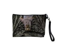 Pochette en Lin - Écureuil Roux Mange Une Noisette sur Un Tronc - Trousse Maquillage en Toile Aspect Lin - Trousse de Toilette - 23,5 x15 cm