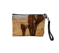 Pochette en Lin - Elephant et Son Petit Marche dans la Savane Afrique - Trousse Maquillage en Toile Aspect Lin - Trousse de Toilette - 23,5 x15 cm