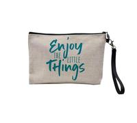 Pochette en Lin - Enjoy The Little Things Typographie Citation Message Inspiration Motivation Empowerment - Trousse Maquillage en Toile Aspect Lin - Trousse de Toilette - 23,5 x15 cm