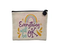 Pochette en Lin - Everything Will be OK Typographie Message Self Care Bien Etre Santé - Trousse Maquillage en Toile Aspect Lin - Porte Monnaie - 15 x10 cm