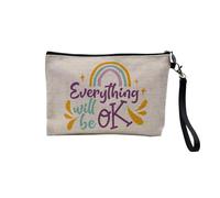 Pochette en Lin - Everything Will be OK Typographie Message Self Care Bien Etre Santé - Trousse Maquillage en Toile Aspect Lin - Trousse de Toilette - 23,5 x15 cm