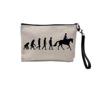 Pochette en Lin - Evolution Equitation Cheval Cavalier Poney - Trousse Maquillage en Toile Aspect Lin - Trousse de Toilette - 23,5 x15 cm