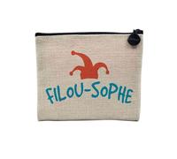 Pochette en Lin - Filou-Sophe Philosophe Humour Jeu de Mot - Trousse Maquillage en Toile Aspect Lin - Porte Monnaie - 15 x10 cm