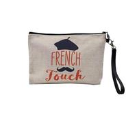 Pochette en Lin - French Touch Française Cliché Moustache Béret - Trousse Maquillage en Toile Aspect Lin - Trousse de Toilette - 23,5 x15 cm