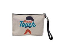 Pochette en Lin - French Touch Moustache Beret Bébé - Trousse Maquillage en Toile Aspect Lin - Trousse de Toilette - 23,5 x15 cm