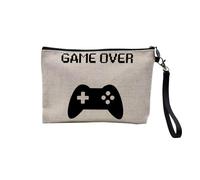 Pochette en Lin - Game Over Retro Gaming Jeux Video Manette Console - Trousse Maquillage en Toile Aspect Lin - Trousse de Toilette - 23,5 x15 cm
