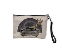 Pochette en Lin - Girafe Pilote Collage Art Surréalisme Road Trip Voiture - Trousse Maquillage en Toile Aspect Lin - Trousse de Toilette - 23,5 x15 cm
