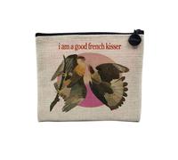Pochette en Lin - Good French Kisser Collage Vintage Illustration Art Animal Oiseau Humour Zoomer - Trousse Maquillage en Toile Aspect Lin - Porte Monnaie - 15 x10 cm