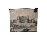 Pochette en Lin - Gravure Ancienne Chateau de Chambord Renaissance France - Trousse Maquillage en Toile Aspect Lin - Porte Monnaie - 15 x10 cm