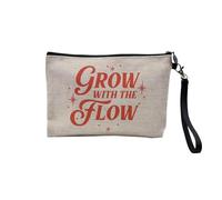Pochette en Lin - Grow with The Flow Typographie Message Bien Etre Inspiration Self Care - Trousse Maquillage en Toile Aspect Lin - Trousse de Toilette - 23,5 x15 cm