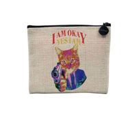 Pochette en Lin - I am Okay Yes I Am Chat Pistolet Collage Vintage Illustration Art Humour Parodie Animal - Trousse Maquillage en Toile Aspect Lin - Porte Monnaie - 15 x10 cm